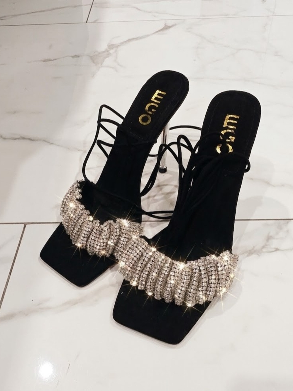 EGO Black Crystal-Strap Square-Toe Heels